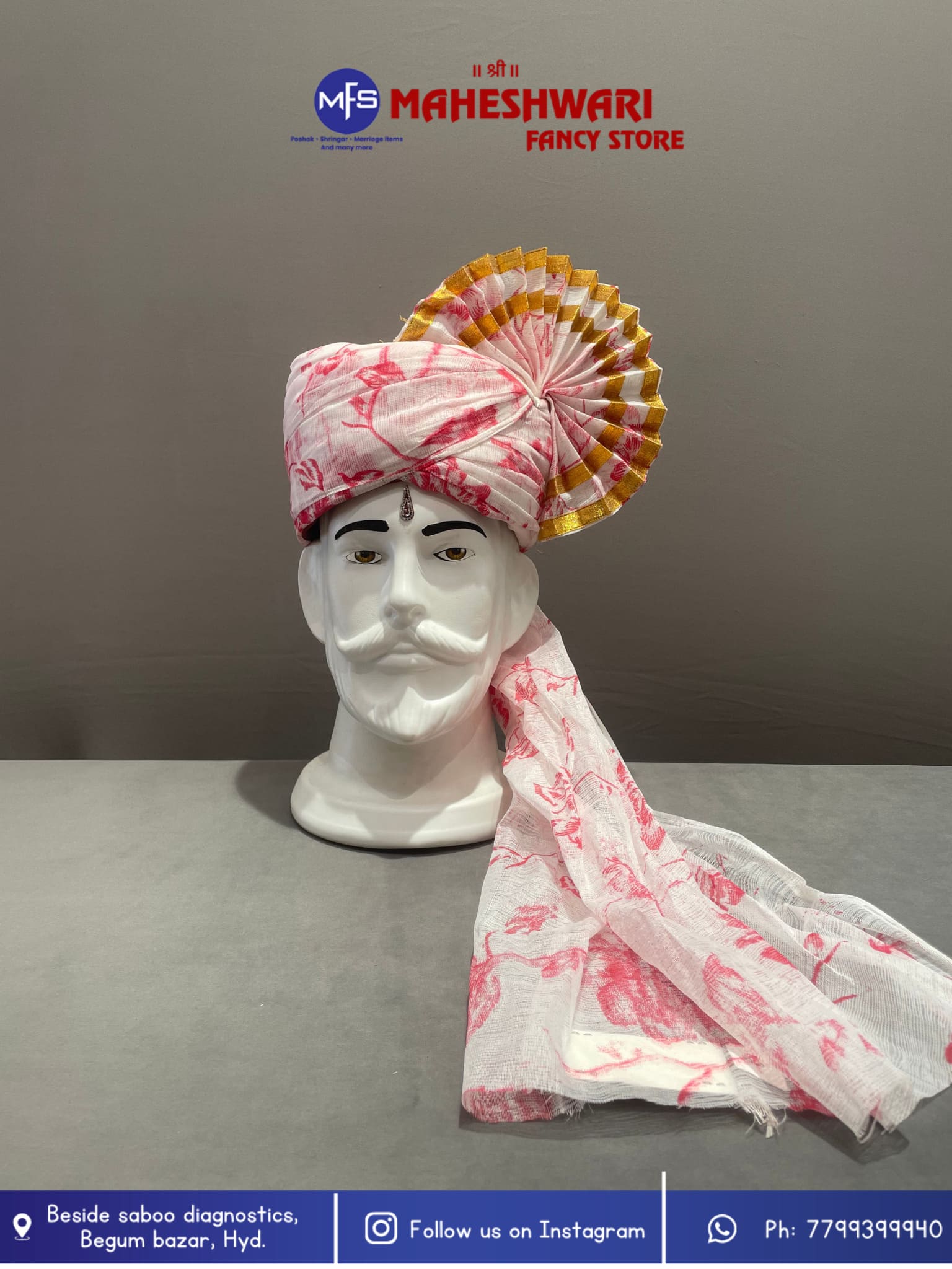 White Pink Floral Barati Pagdi Fabric